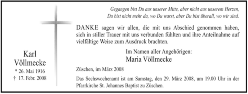  Traueranzeige für Karl Völlmecke vom 22.03.2008 aus Tageszeitung