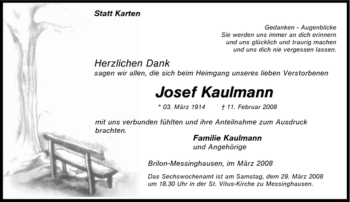 Traueranzeige von Josef Kaulmann von Tageszeitung