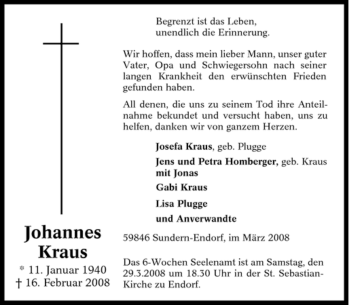 Traueranzeige von Johannes Kraus von Tageszeitung