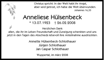 Traueranzeige von Anneliese Hülsenbeck von Tageszeitung