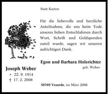 Traueranzeige von Joseph Weber von Tageszeitung