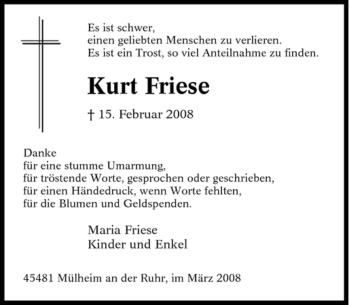 Traueranzeige von Kurt Friese von Tageszeitung