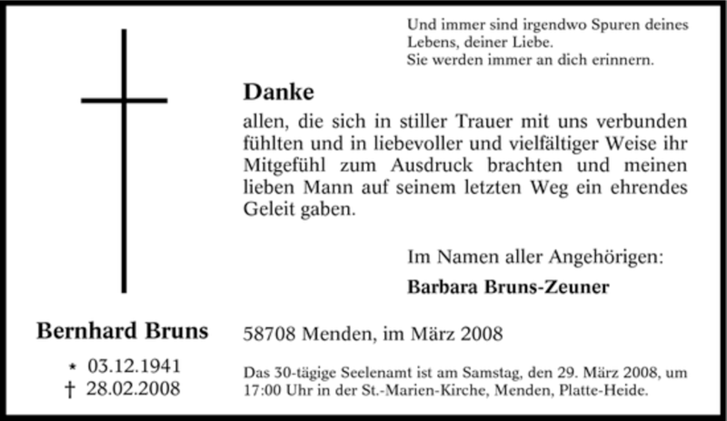  Traueranzeige für Bernhard Bruns vom 22.03.2008 aus Tageszeitung