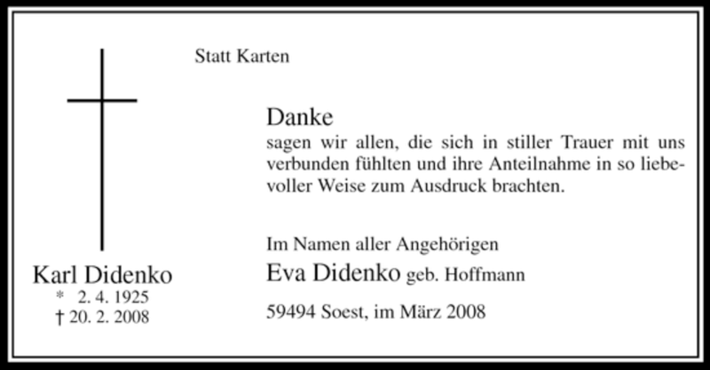  Traueranzeige für Karl Didenko vom 22.03.2008 aus Tageszeitung