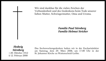 Traueranzeige von Hedwig Stirnberg von Tageszeitung