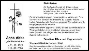 Traueranzeige von Änne Alfes von Tageszeitung