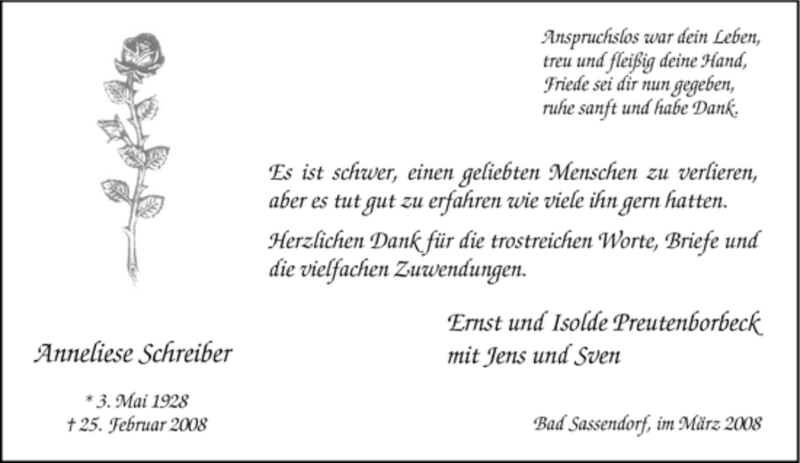  Traueranzeige für Anneliese Schreiber vom 25.03.2008 aus Tageszeitung