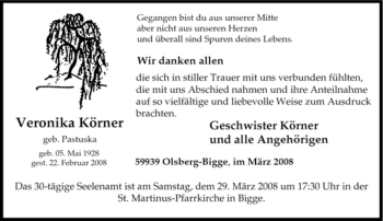 Traueranzeige von Veronika Körner von Tageszeitung