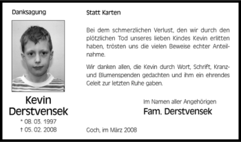 Traueranzeige von Kevin Derstvensek von Tageszeitung