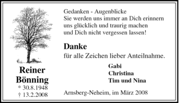 Traueranzeige von Reiner Bönning von Tageszeitung