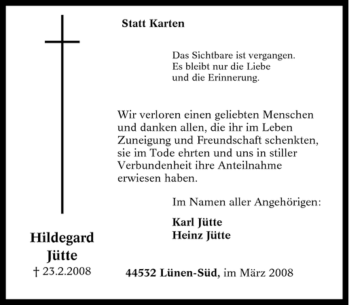 Traueranzeige von Hildegard Jütte von Tageszeitung