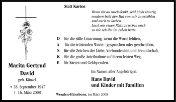 Traueranzeige von Marita Gertrud David von Tageszeitung
