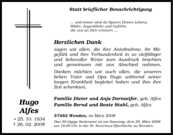 Traueranzeige von Hugo Alfes von Tageszeitung