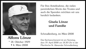 Traueranzeige von Alfons Lönze von Tageszeitung
