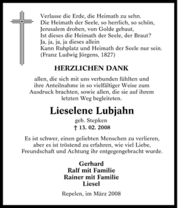 Traueranzeige von Lieselene Lubjahn von Tageszeitung