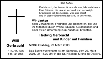 Traueranzeige von Willi Gerbracht von Tageszeitung