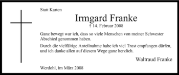 Traueranzeige von Irmgard Franke von Tageszeitung