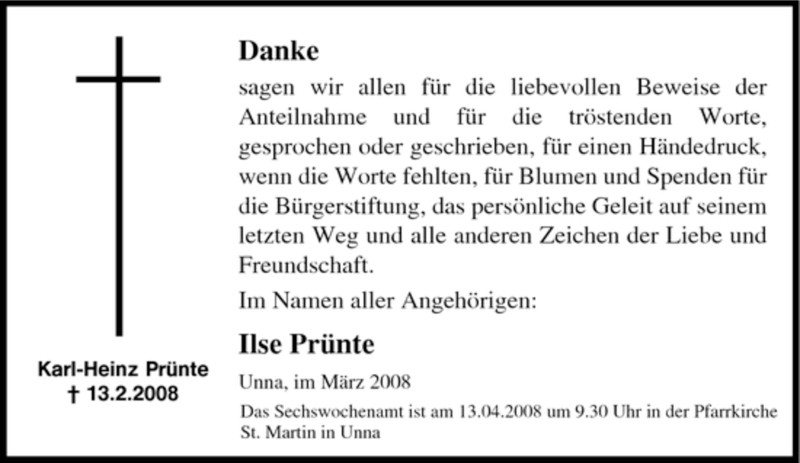  Traueranzeige für Karl-Heinz Prünte vom 29.03.2008 aus Tageszeitung