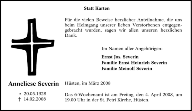 Traueranzeige für Anneliese Severin vom 29.03.2008 aus Tageszeitung
