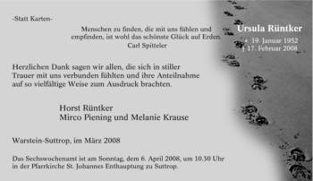 Traueranzeige von Ursula Rüntker von Tageszeitung