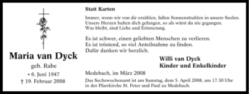 Traueranzeige von Maria van Dyck von Tageszeitung