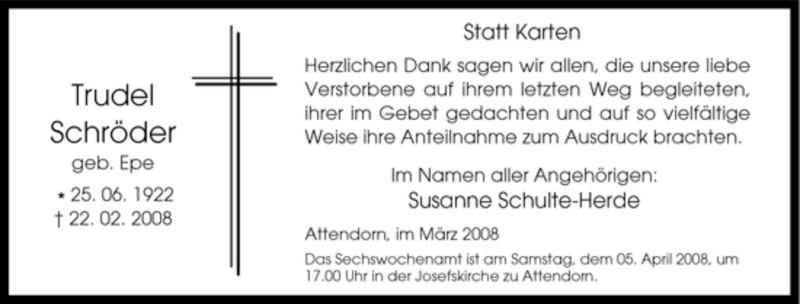  Traueranzeige für Trudel Schröder vom 29.03.2008 aus Tageszeitung