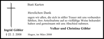 Traueranzeige von Ingrid Göbler von Tageszeitung