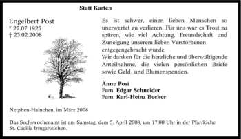 Traueranzeige von Engelbert Post von Tageszeitung