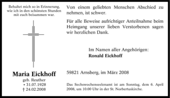 Traueranzeige von Maria Eickhoff von Tageszeitung