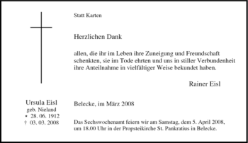Traueranzeige von Ursula Eisl von Tageszeitung