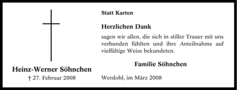  Traueranzeige für Heinz-Werner Söhnchen vom 29.03.2008 aus Tageszeitung