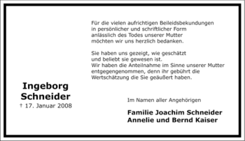 Traueranzeige von Ingeborg Schneider von Tageszeitung