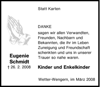 Traueranzeige von Eugenie Schmidt von Tageszeitung