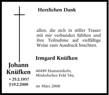 Traueranzeige von Johann Knüfken von Tageszeitung