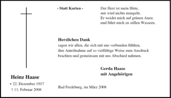 Traueranzeige von Heinz Haase von Tageszeitung