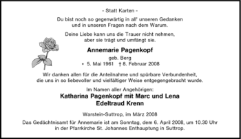 Traueranzeige von Annemarie Pagenkopf von Tageszeitung