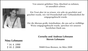Traueranzeige von Nina Lehmann von Tageszeitung