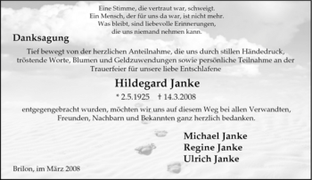 Traueranzeige von Hildegard Janke von Tageszeitung