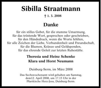 Traueranzeige von Sibilla Straatmann von Tageszeitung