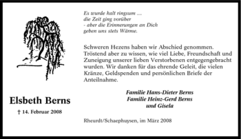 Traueranzeige von Elsbeth Berns von Tageszeitung