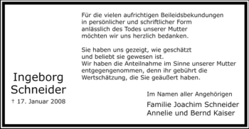 Traueranzeige von Ingeborg Schneider von Tageszeitung