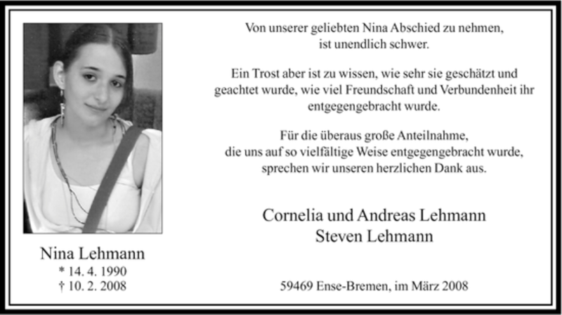  Traueranzeige für Nina Lehmann vom 29.03.2008 aus Tageszeitung