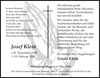 Traueranzeige von Josef Klein von Tageszeitung