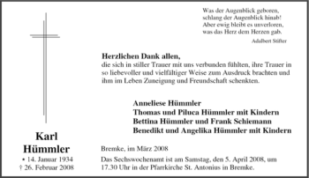 Traueranzeige von Karl Hümmler von Tageszeitung