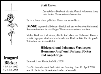 Traueranzeige von Irmgard Böcker von Tageszeitung