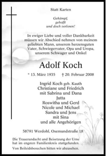 Traueranzeige von Adolf Koch von Tageszeitung