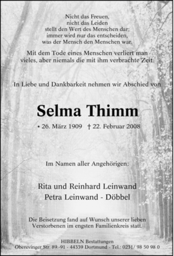 Traueranzeige von Selma Thimm von Tageszeitung
