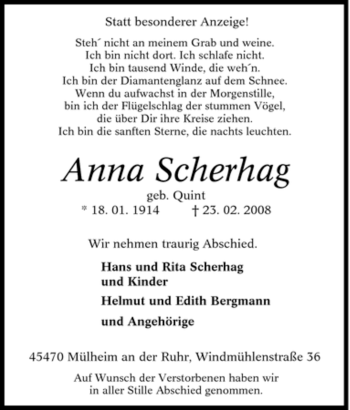 Traueranzeige von Anna Scherhag von Tageszeitung