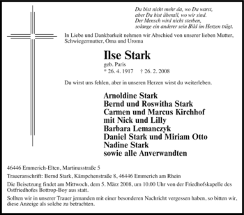 Traueranzeige von Ilse Stark von Tageszeitung