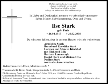 Traueranzeige von Ilse Stark von Tageszeitung